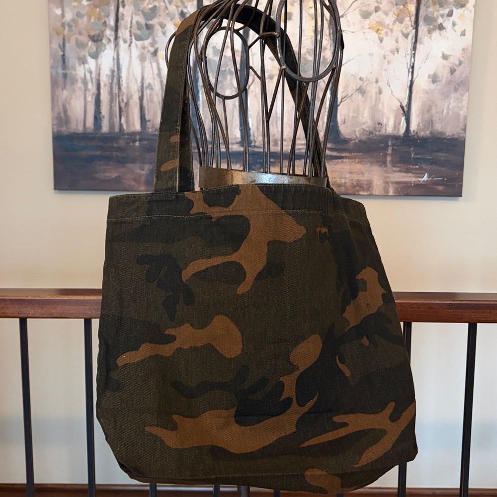 NEW Multi-Use Two Handled  Large Tan Green Black Camo Well Made Canvas Tote Bag